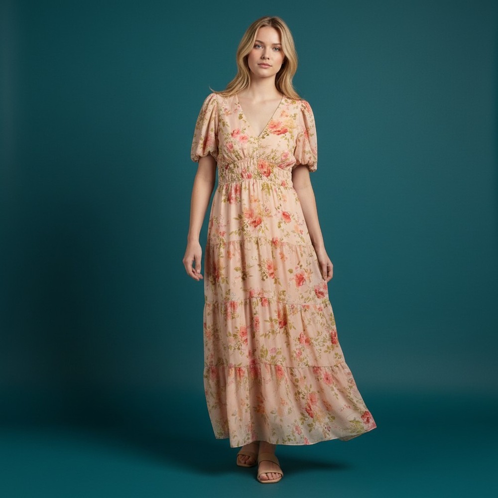 Maison Tara Maxi Dress Womens 16 Peach Floral Tiered Smocked Puff Sleeve V-Neck